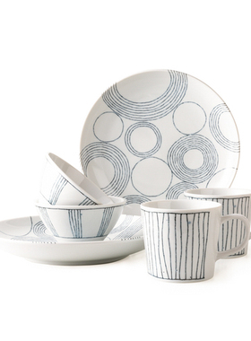 现货日本进口AITO日式系美浓烧陶瓷线条六件套礼盒马克杯碟套装