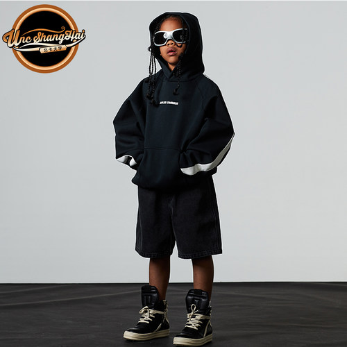 潮牌儿童侧边条套头连帽衫卫衣