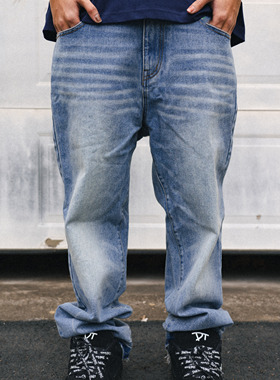 DOGTOWN DENIM JEANS毛边水洗猫爪淡蓝色做旧直筒牛仔裤