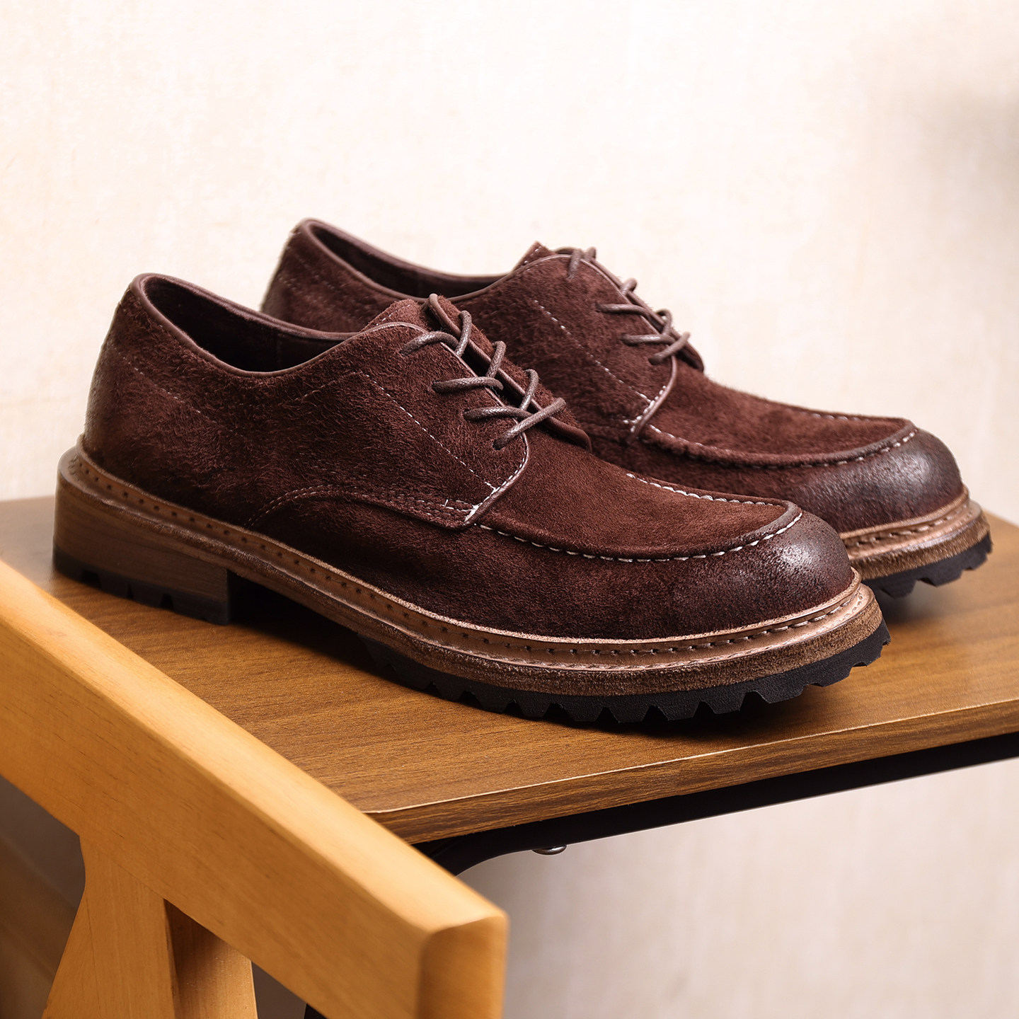 真皮底工装鞋复古风做旧反绒马皮休闲皮鞋男士圆头厚底增高德比鞋
