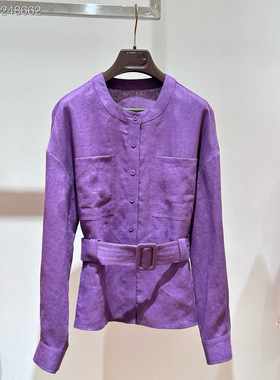 高端新款亚麻衬衫女士系带收腰上衣紫色