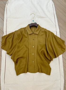 高端新款亚麻飞袖紫色翻领短衬衫