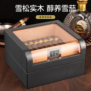 高档古巴雪茄保湿盒便携透明窗进口雪松木双层大容量碳纤维雪茄盒