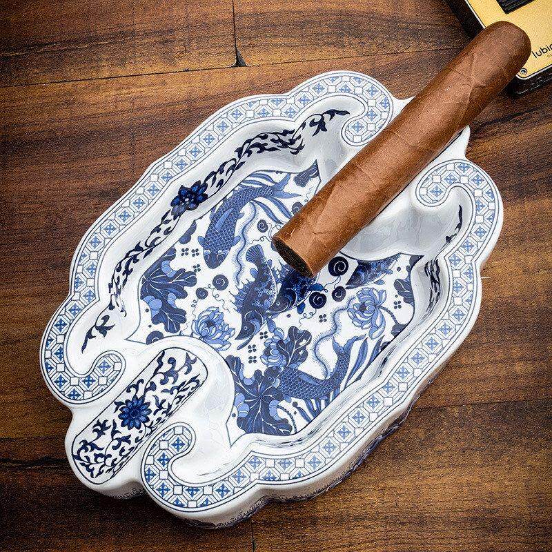 古巴雪茄专用烟灰缸陶瓷国风双槽大容量雪茄烟灰缸精美礼盒包装