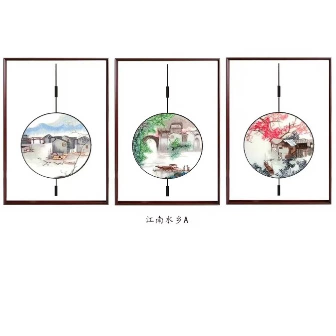 三联画苏州刺绣客厅背景墙