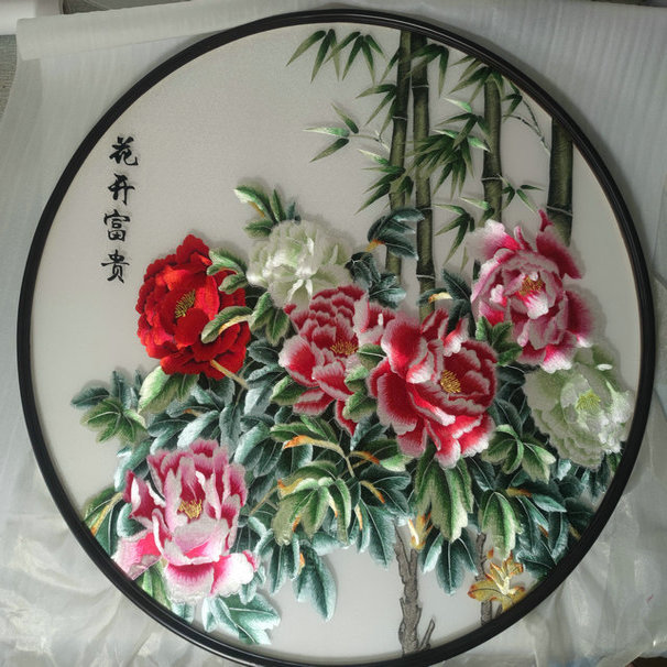 苏州刺绣机绣仿手工牡丹圆形玄关走廊床头装饰画挂画带框成品礼品图片