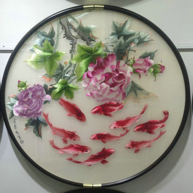 苏州刺绣机绣年年有余九鱼图圆形玄关装饰画走廊挂画成品牡丹中式图片