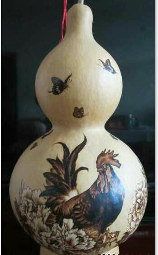 天然特大葫芦纯手工烙画葫芦牡丹公鸡图吉祥真葫芦工艺品摆件