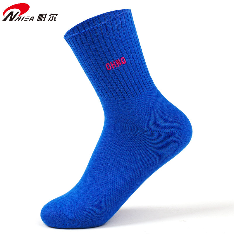 耐尔秋冬精梳棉潮流女袜中筒纯色日系学院风运动袜子蓝色手工缝头