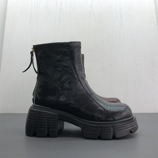 工厂断码真皮女鞋冬季新款厚底增高圆头后拉链洋气保暖牛皮女短靴