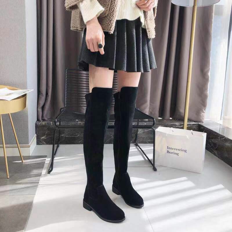 冬季新款断码真皮女靴休闲圆头侧拉链保暖简约舒适磨砂皮过膝靴