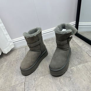 工厂断码真皮女鞋冬季新款时尚圆头厚底羊毛保暖磨砂皮中筒雪地靴