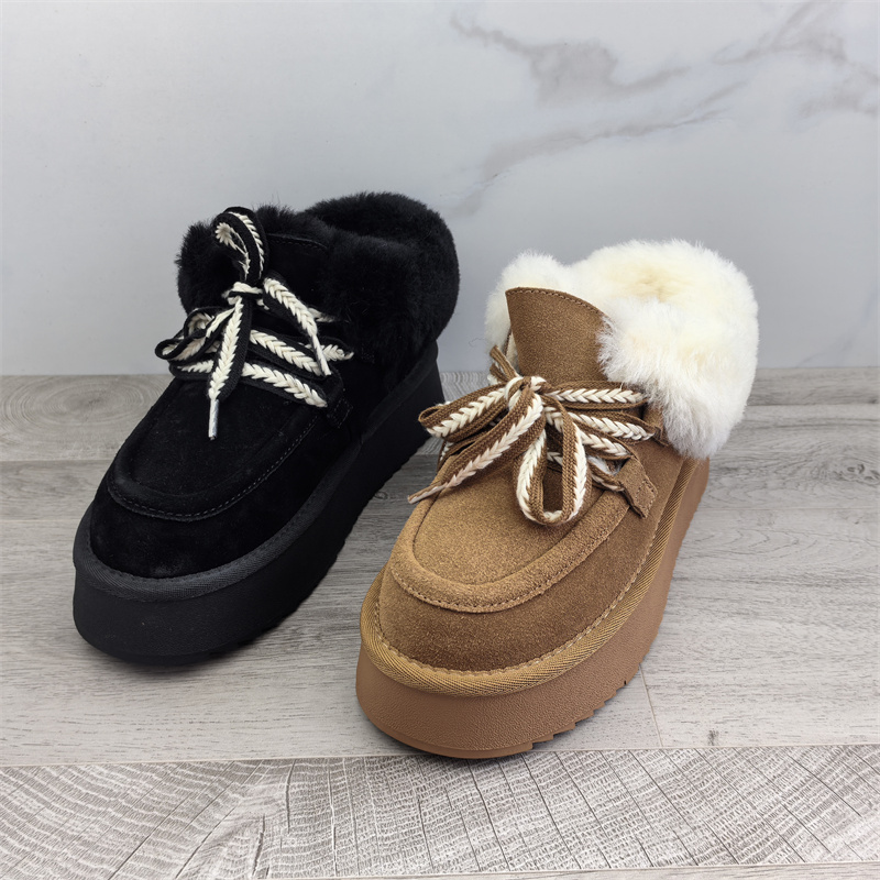 工厂断码真皮女鞋冬季新款时尚舒适圆头系带羊毛保暖磨砂皮雪地靴
