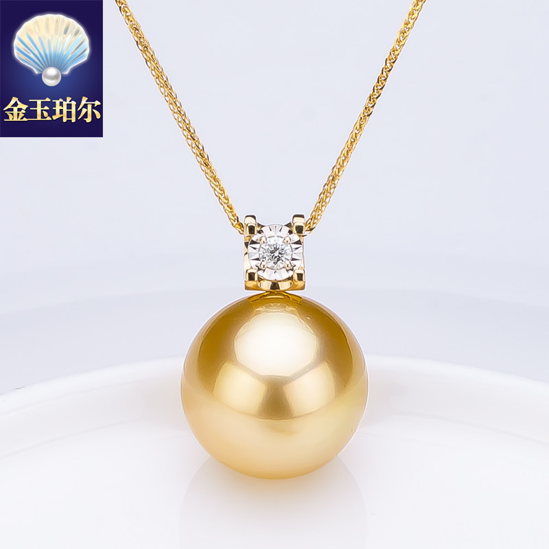 南洋金珠吊坠18K黄金钻石天然色海水珍珠项坠项链牛头王妃戴妃卡