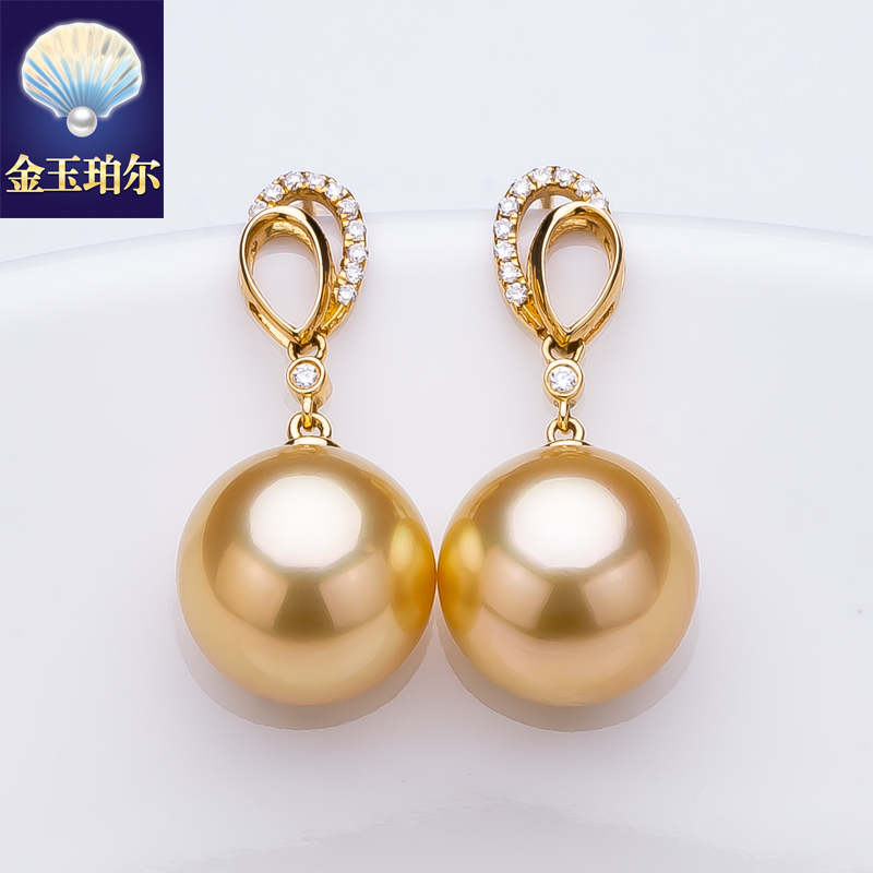 南洋金珠耳坠18K金钻石天然色海水珍珠耳环耳钉正圆深金强光双圈