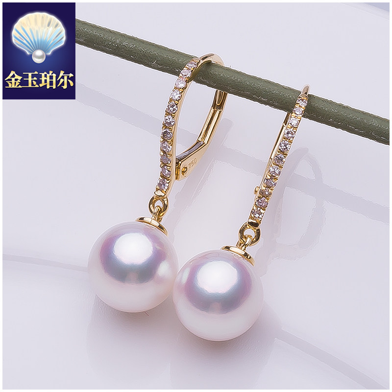 天然akoya海水珍珠耳环天女日本珠耳圈耳坠钻石18K玫瑰金黄金白金