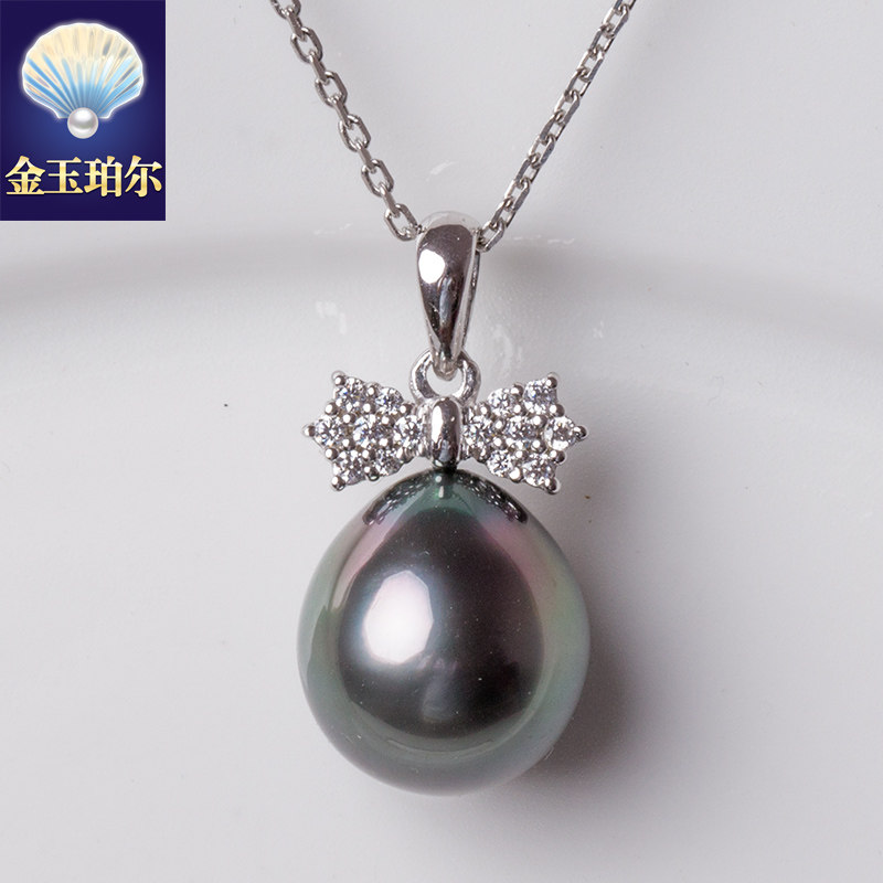 天然大溪地黑珍珠吊坠项坠925纯银项链海水珍珠水滴蝴蝶结巴洛克