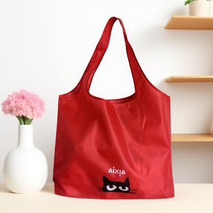 红色小黑猫时尚折叠环保购物袋便携超市购物收纳包单肩布包手挽袋