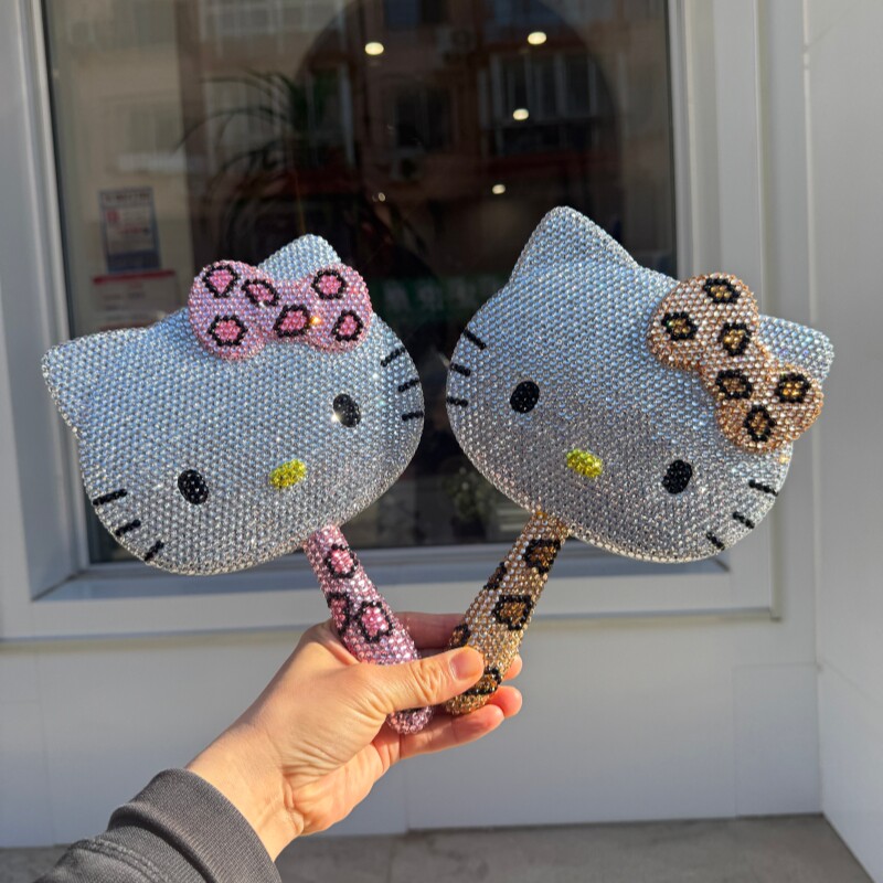 豹纹KT猫猫手工DIY粘钻手柄镜子