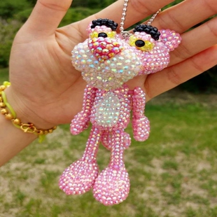 满钻 粉红豹钥匙扣 顽皮豹 汽车摆件 挂件钥匙扣包挂粘贴钻纪念品