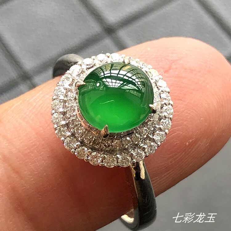 戒面k金带钻镶嵌女款a货缅甸翡翠
