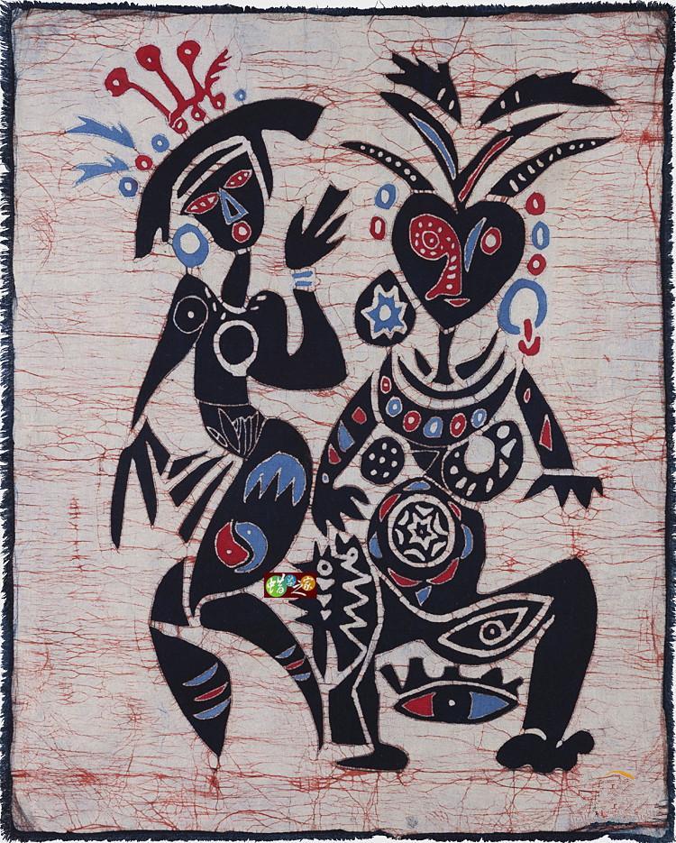 蜡染画 贵州苗族手工蜡染 民族特色蜡染 装饰壁挂 苗家姐妹 85*72