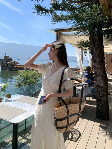 Приталенный корсет, летнее платье, длинная юбка, короткий рукав, V-образный вырез