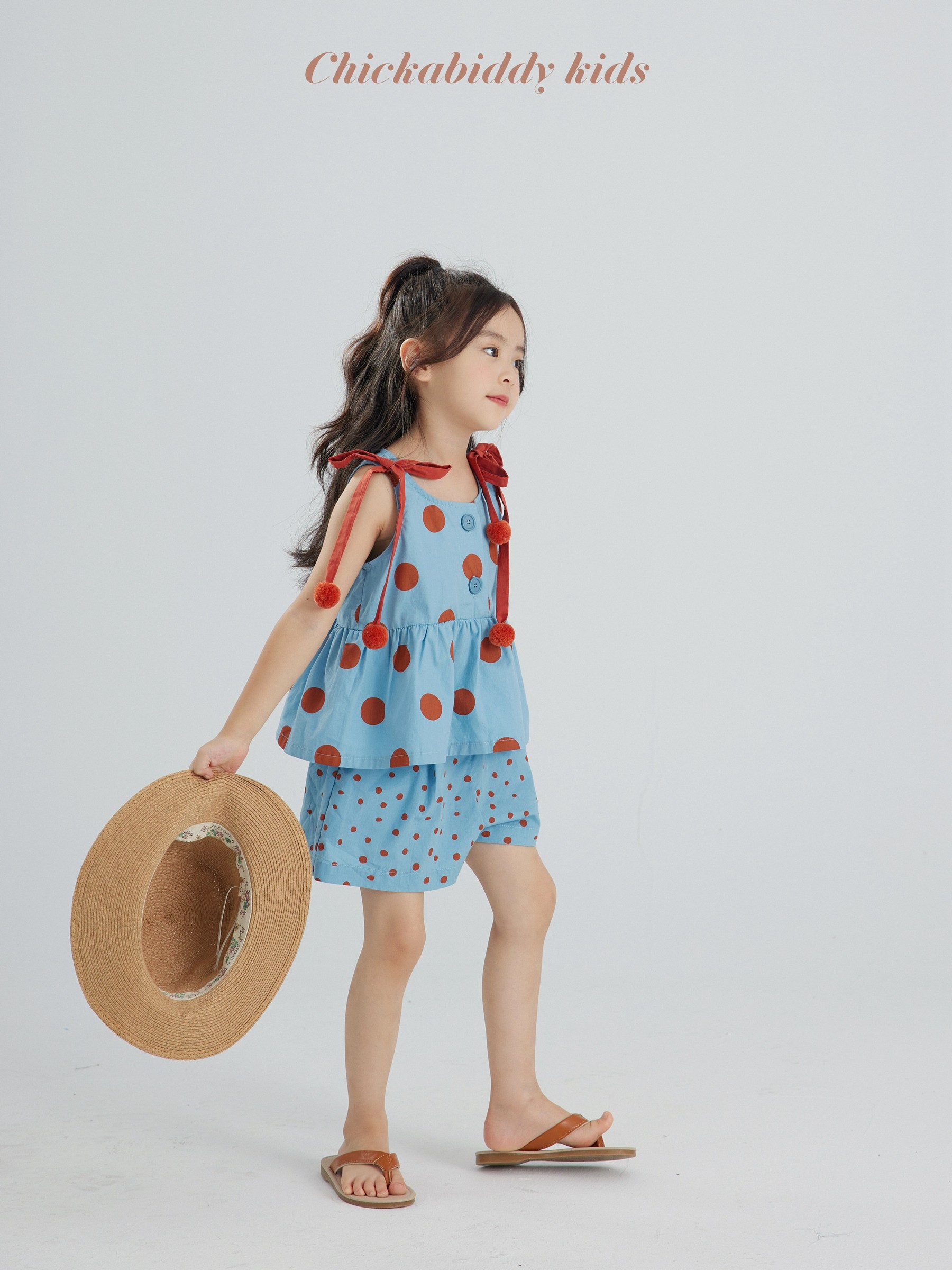 小鸡家原创复古蓝波点球球背心套装2023无袖夏季新款儿童两件套