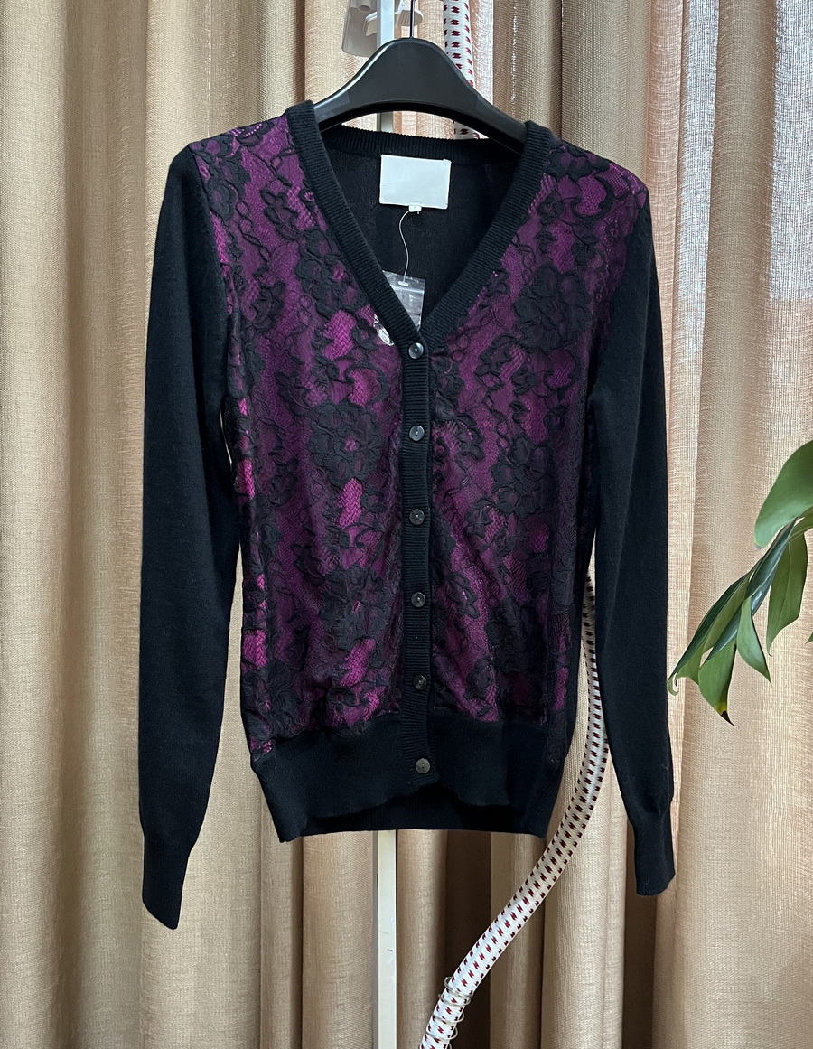 原688高质量~jue美好货桑蚕丝拼接蕾丝长袖纯羊绒衫V领针织开衫