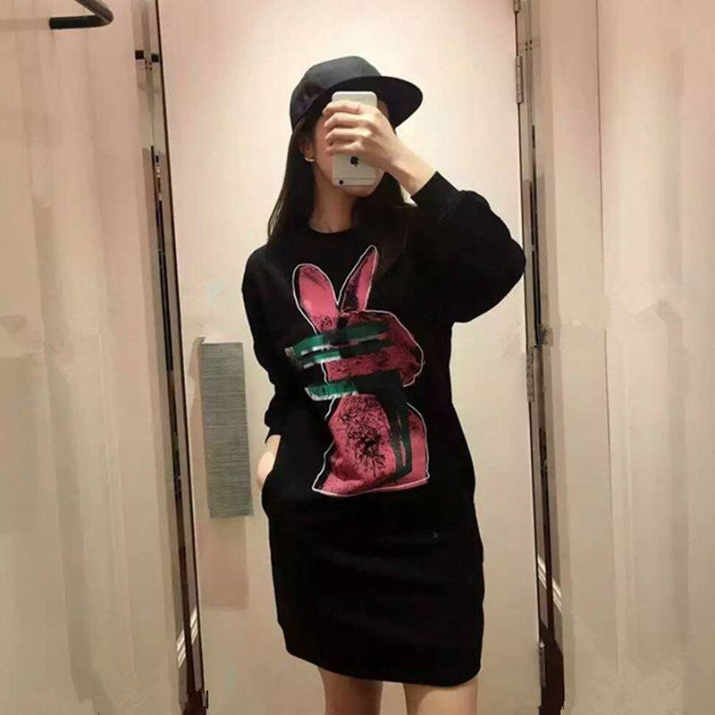 小众设计鬼才兔子印花长袖连衣裙