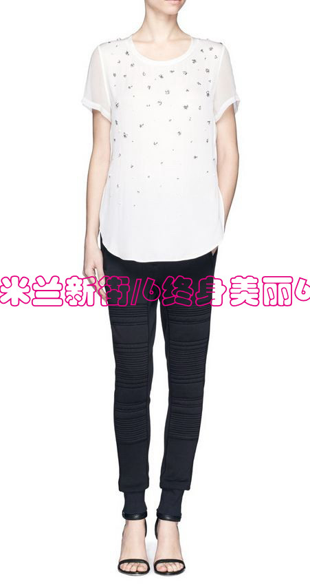 原428捡漏精致手工钉珠装饰弧摆双绉真丝T恤女夏季新款圆领上衣