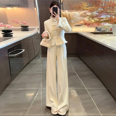 复古上衣阔腿裤加绒国风套装