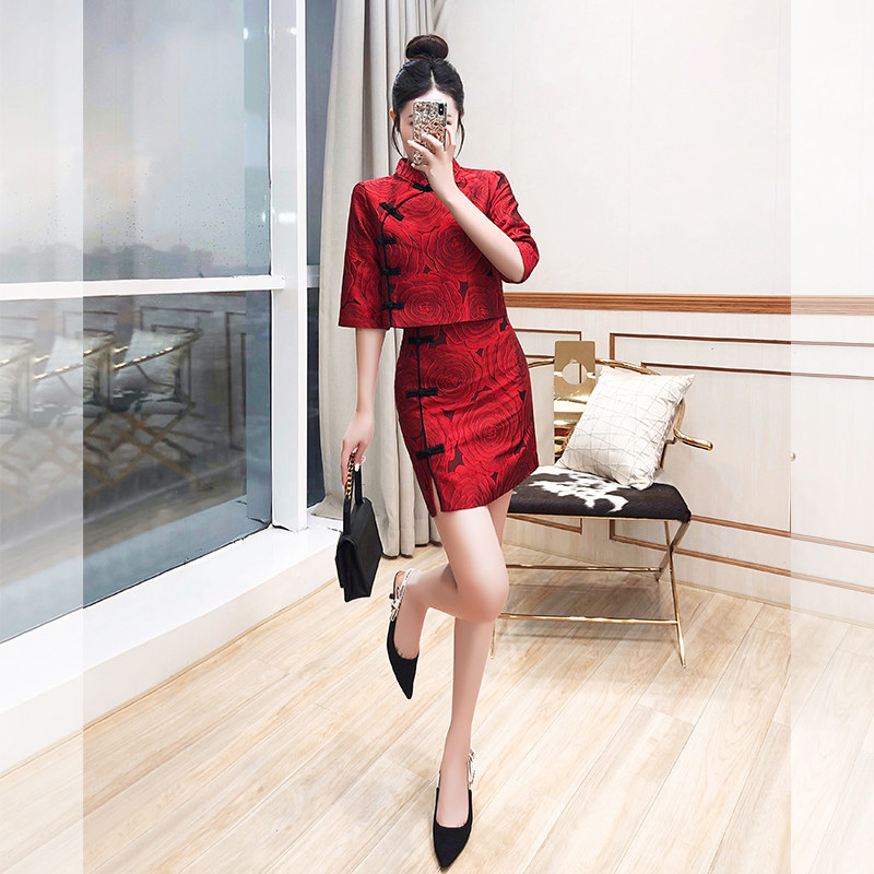 上衣两件套盘扣2026马年春秋女装唐装短裙提花红色新中式国风套装