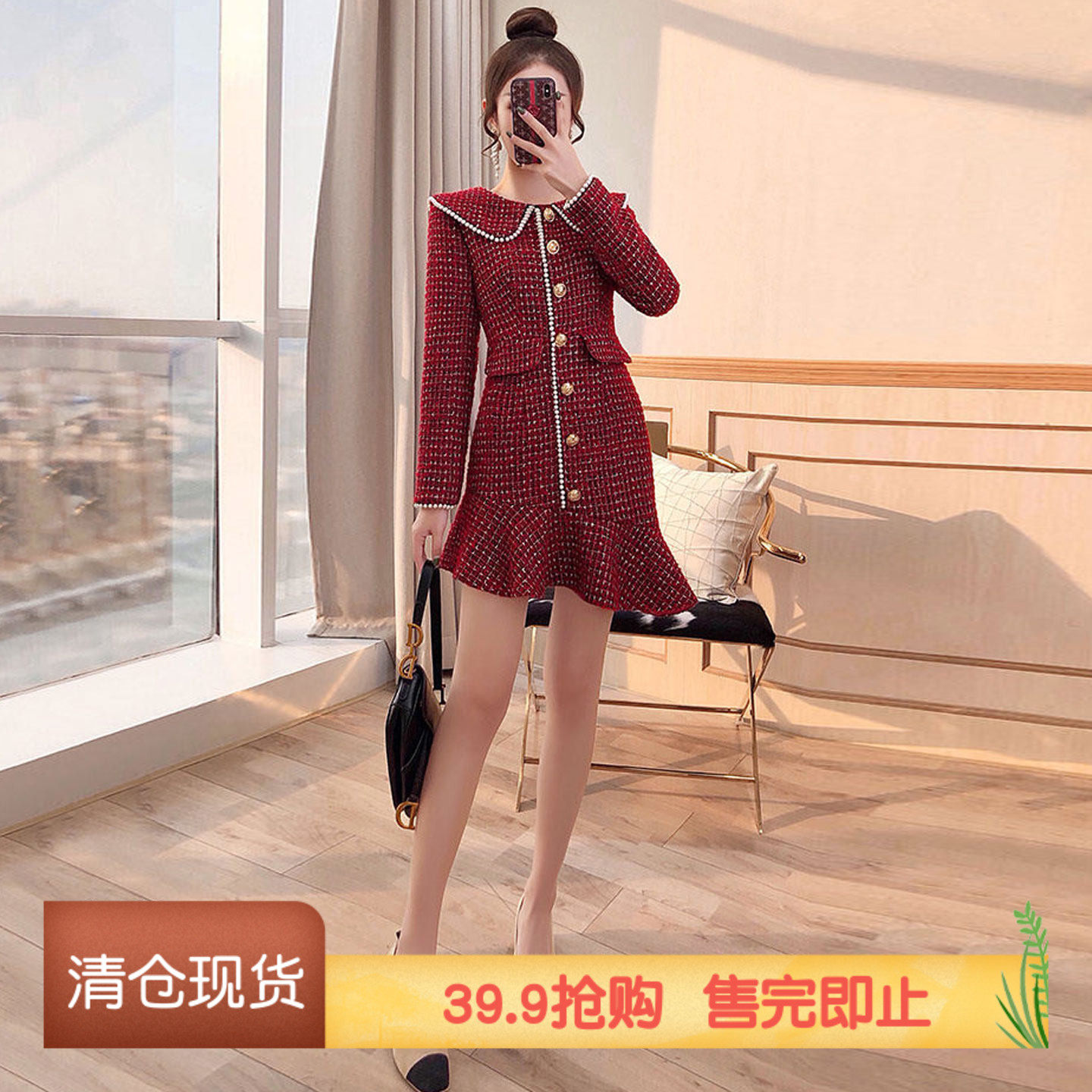 红色优雅裙子女装2026新款秋冬季鱼尾中长款格子花呢小香风连衣裙