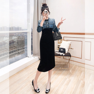 丝绒包臀裙2026年新款女装春装气质高级感收腰拼接长裙牛仔连衣裙