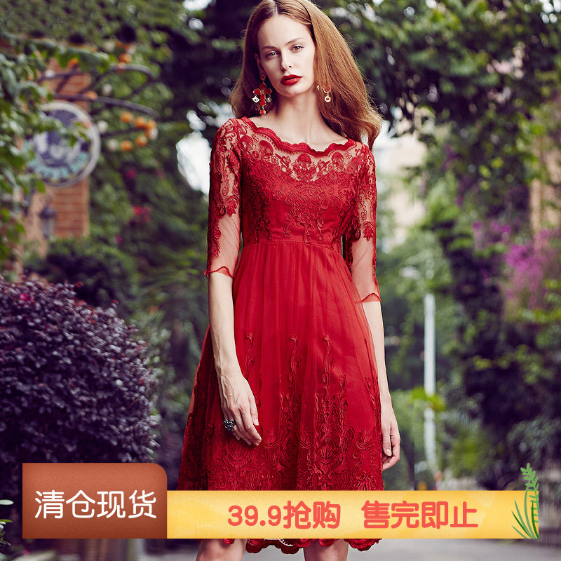 赫本风蕾丝红色连衣裙小红裙宴会图片