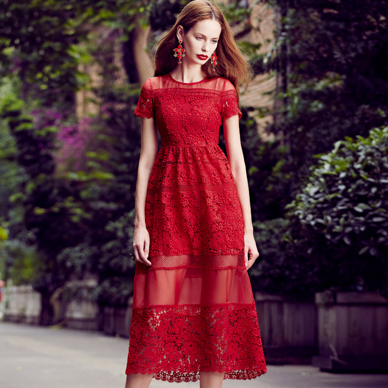 本命年红色时尚蕾丝长裙子连衣裙