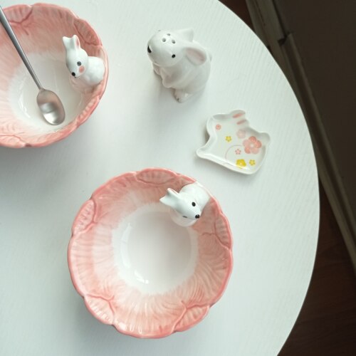 可爱少女心立体小兔子陶瓷碗 ins风甜品沙拉碗早餐碗高温釉下彩