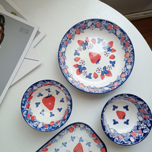 草莓季 日本casa复古草莓釉下彩陶瓷餐具 少女心家用饭碗汤杯盘子