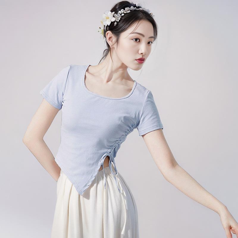 2025新款舞蹈上衣练功服女现代舞古典形体服系带斜角短袖修身成人