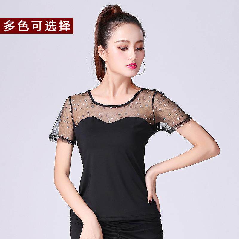 拉丁舞舞衣亮片短袖上衣国标舞摩登舞舞蹈服交谊舞舞蹈练功练习服