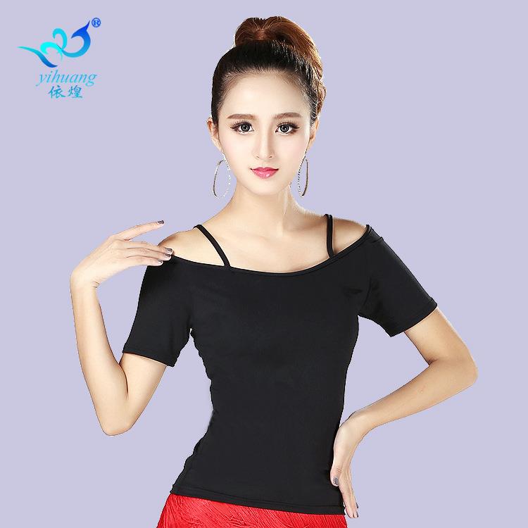 拉丁舞服女成人上衣摩登舞服拉丁舞蹈练习练功短袖双肩吊带舞服