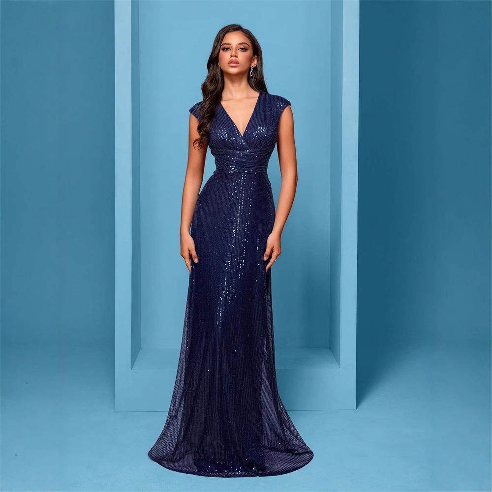 V领亮片落地晚礼服优雅无袖开叉宴会t聚会连衣裙