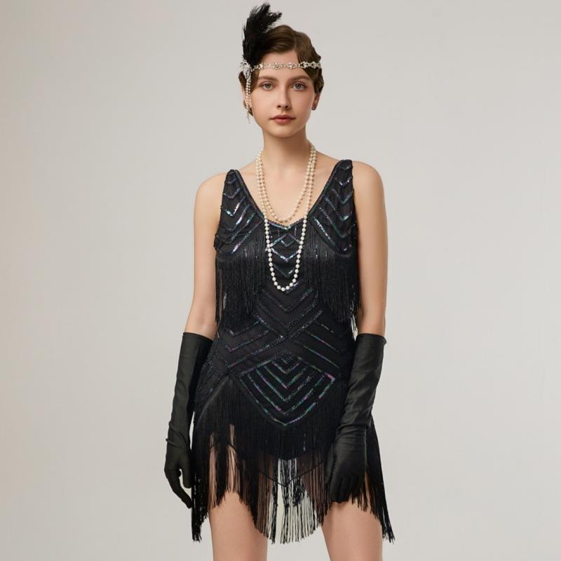 吊带亮片流苏裙1920复古盖茨比舞会聚会V领大码晚礼服连衣裙