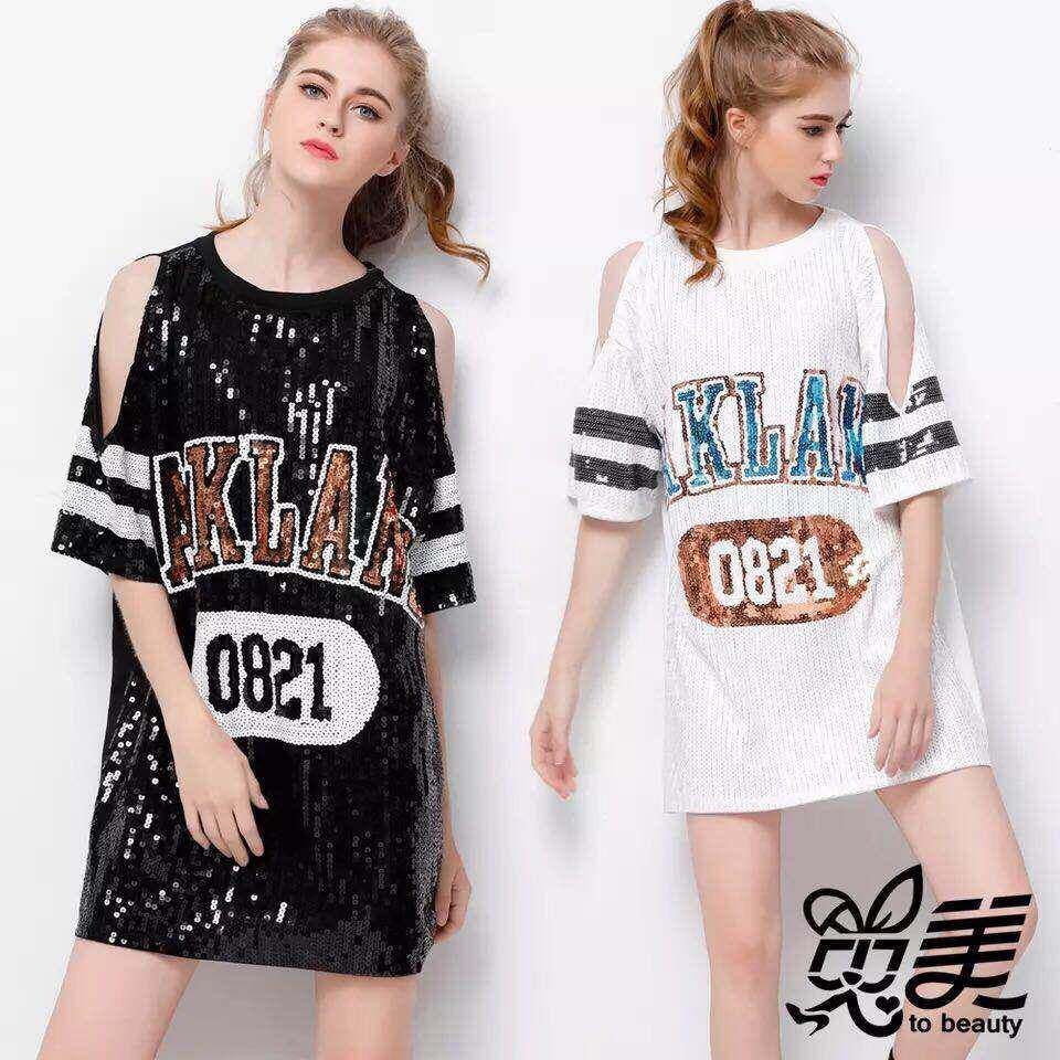 泰国潮牌字母数字亮片夏装露肩宽松休闲短袖连衣裙T恤女中长款