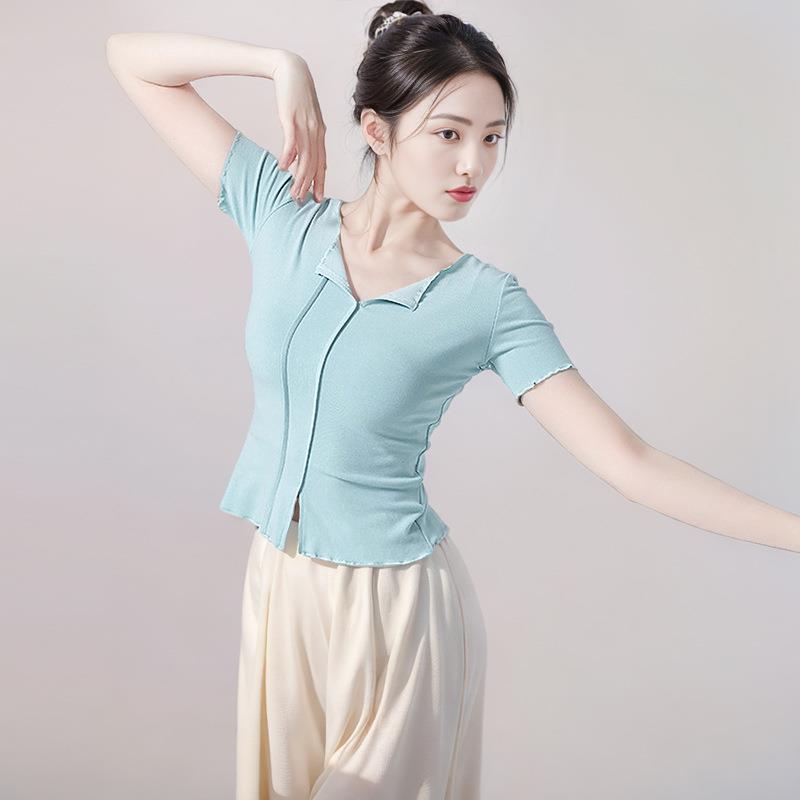2025新款舞蹈上衣练功服女现代舞古典形体服瑜伽开叉短袖修身成人