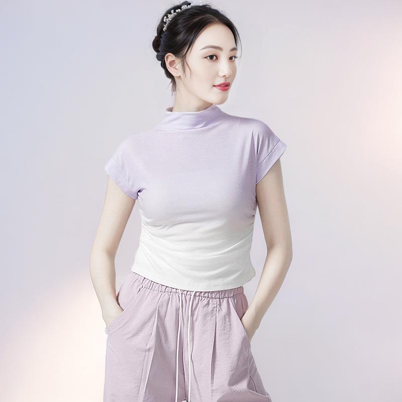 现代舞蹈服女夏高领圆领修身渐变短袖上衣古典舞练功服形体训练