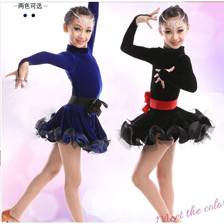 2018新款秋冬拉丁舞蹈服儿童长袖拉丁裙女童比赛舞蹈金丝绒练功服