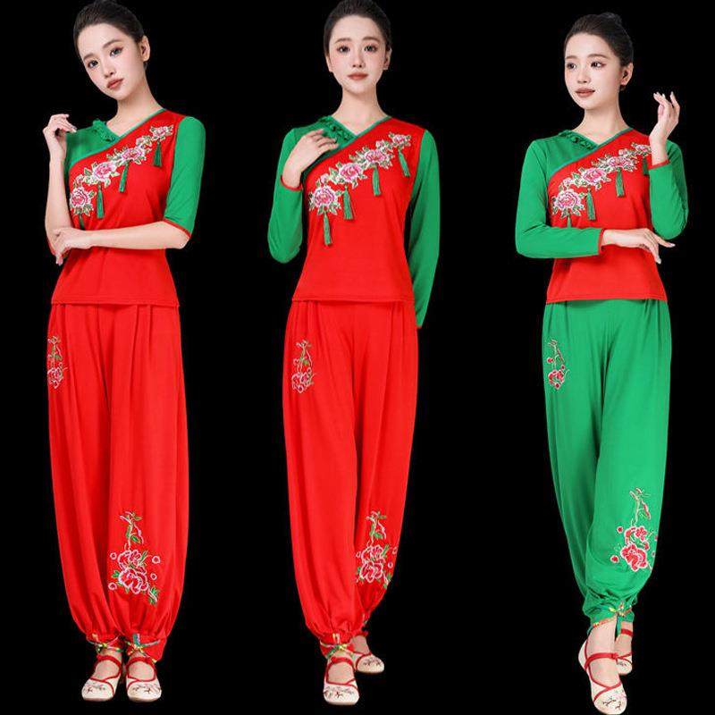 新款牛奶丝绣花广场舞服装女中年秧歌舞长袖中袖灯笼裤表演服2098