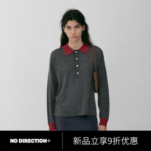 NO DIRECTION+2026秋学院风羊毛刺绣宽松Polo针织衫N630150606A23